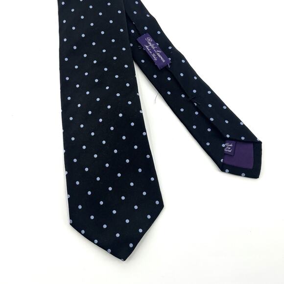 Ralph Lauren Purple Label Tie Black With Navy Blue Polka Dots Silk Italy Luxury - Picture 1 of 5